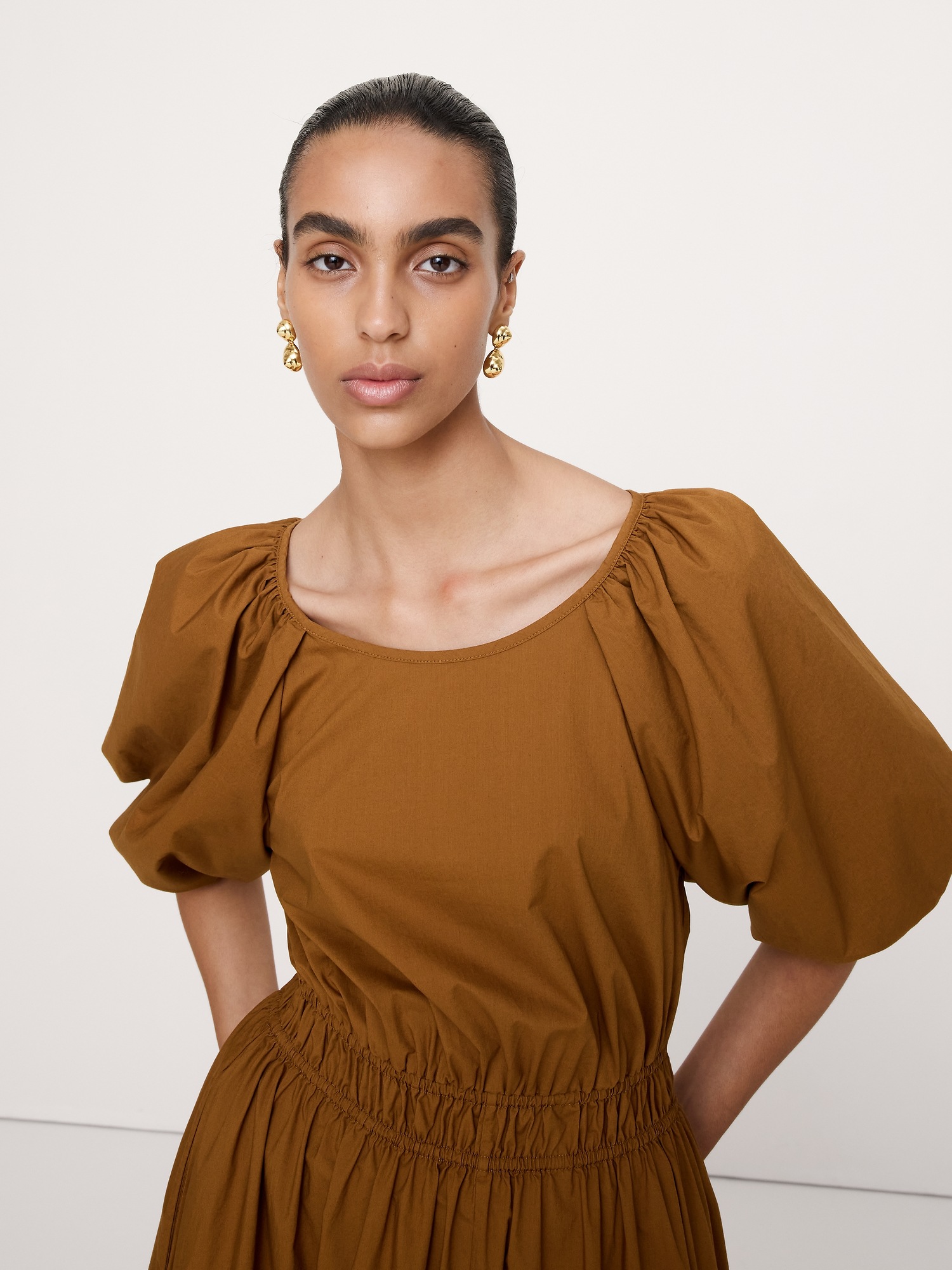 Женское платье Banana Republic Cotton Poplin Puff-Sleeve Maxi, цвет: Коричневый — фото 3
