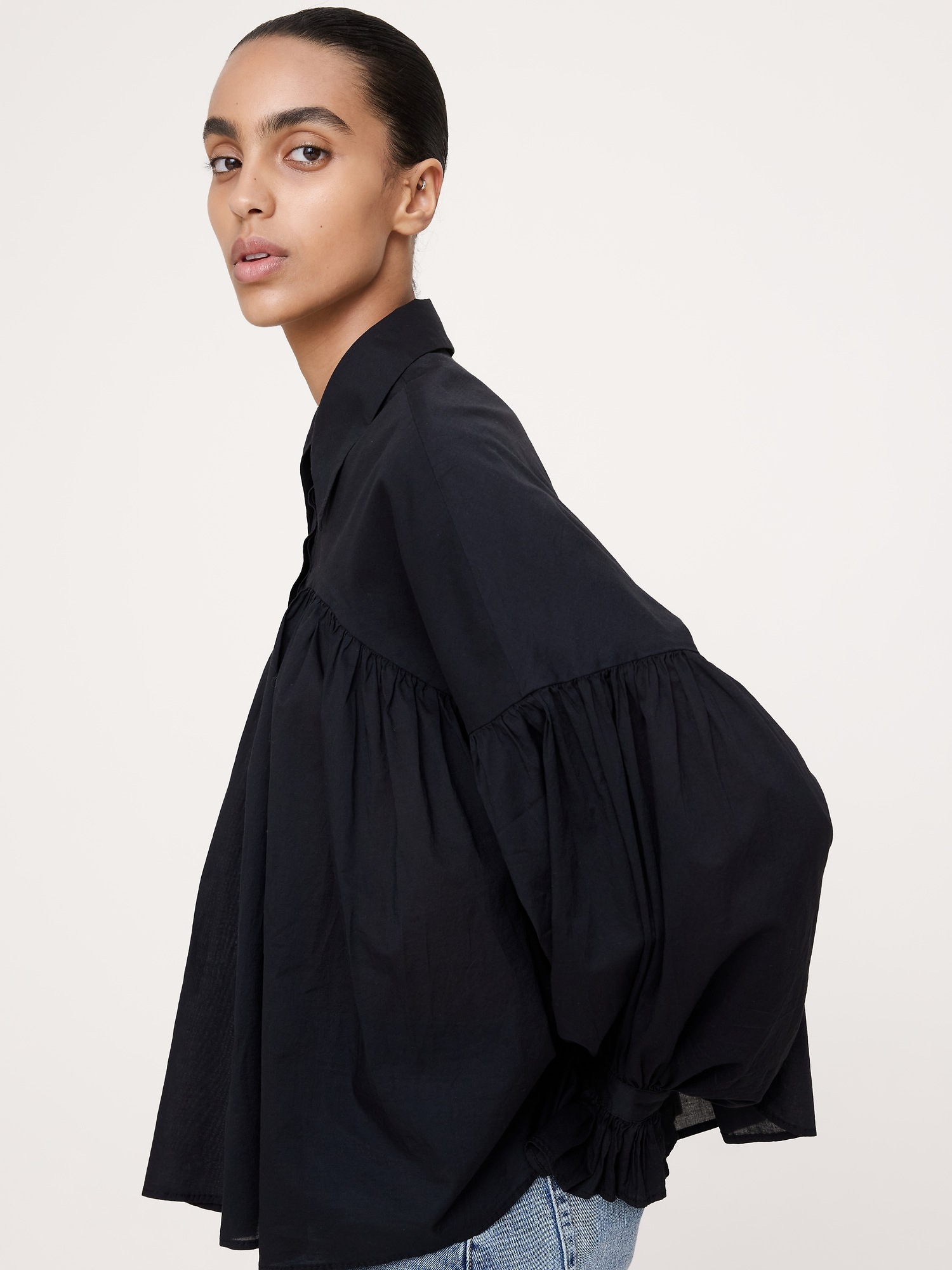 Женская рубашка Banana Republic Cotton Balloon-Sleeve, цвет: Чёрный — фото 5