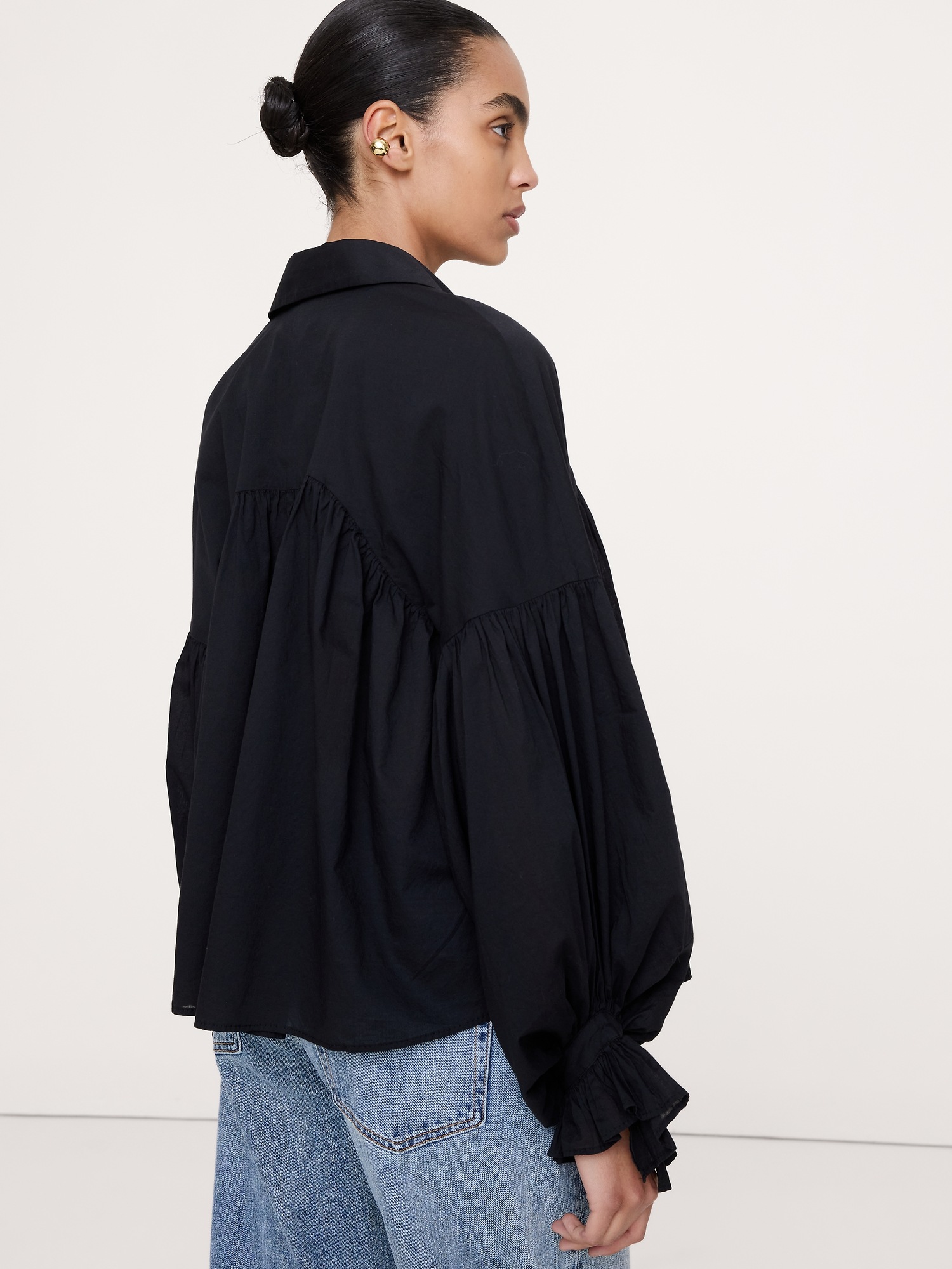 Женская рубашка Banana Republic Cotton Balloon-Sleeve, цвет: Чёрный — фото 2