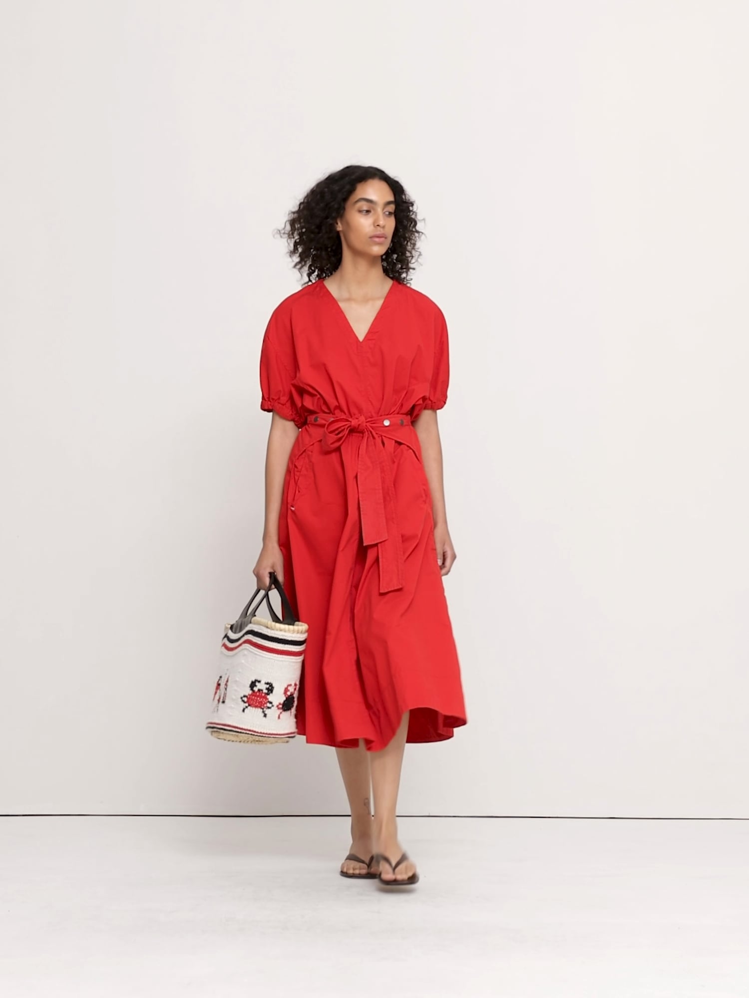 Cotton Twill Puff-Sleeve Midi Dress - thumbnail 4