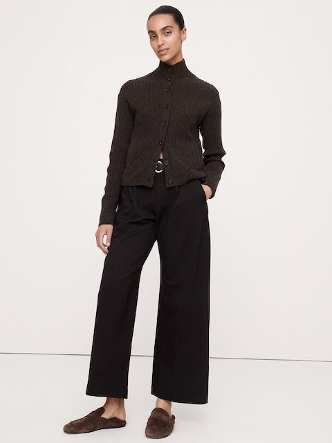 Merino-Cotton Mock Neck Cardigan