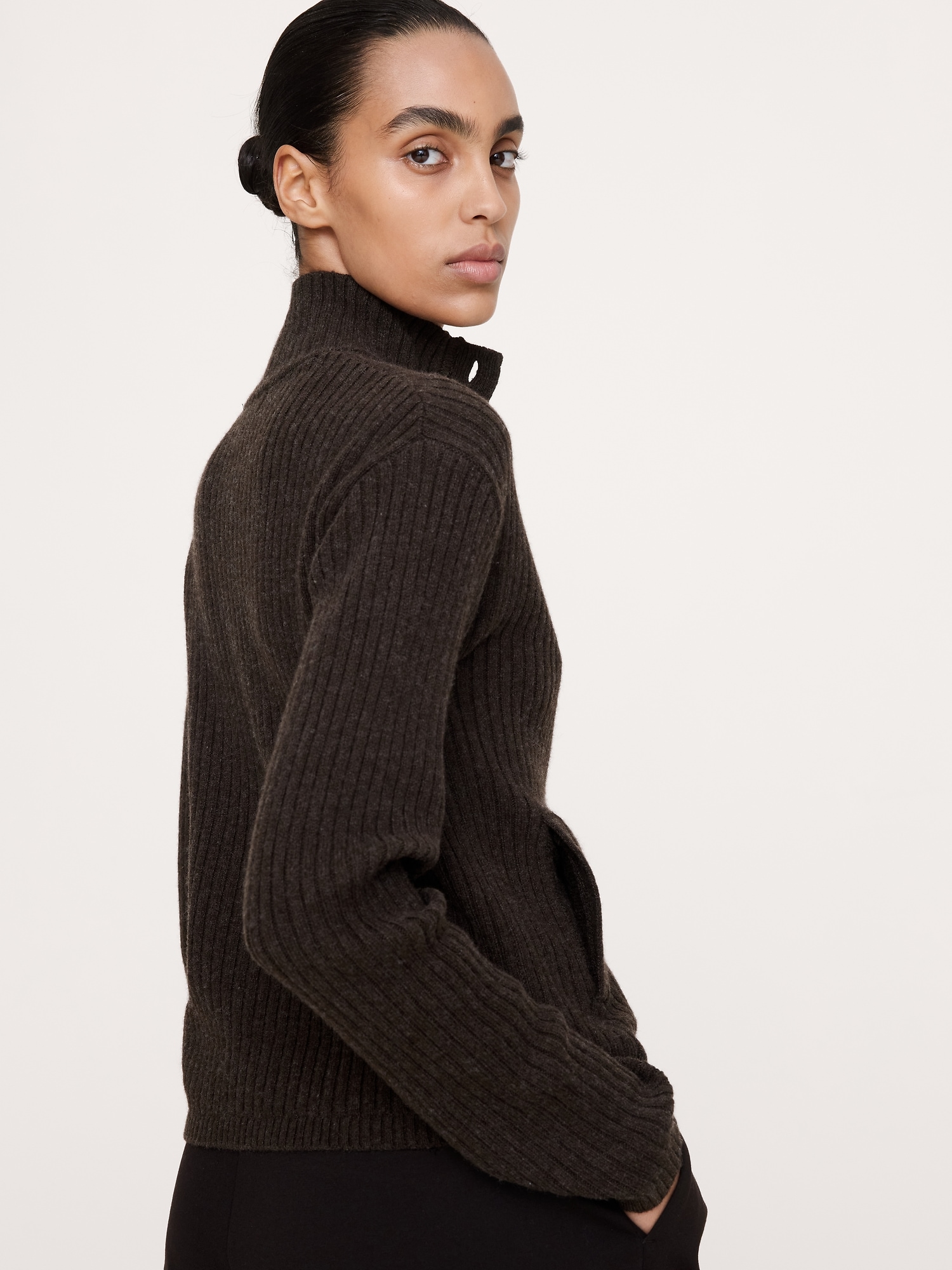 Merino-Cotton Mock Neck Cardigan - thumbnail 4
