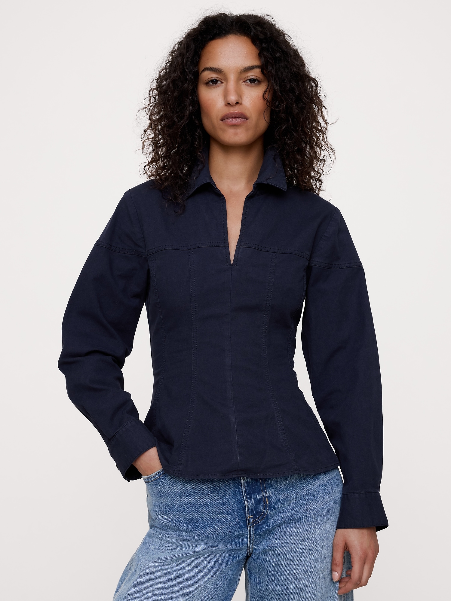 Image number 1 showing, Stretch-Cotton Pleated-Waist Top