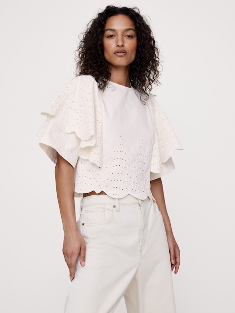 Eyelet Chambray Ruffle-Sleeve Top