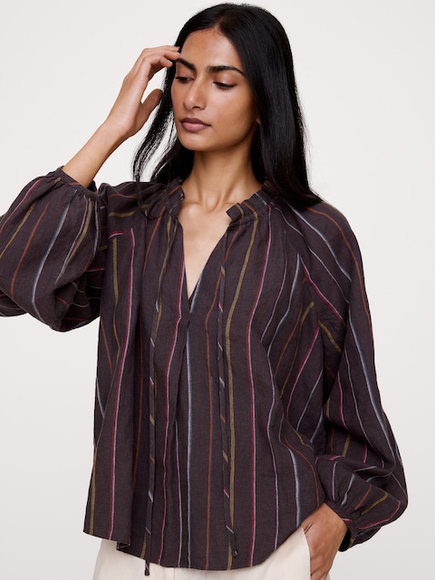 Linen Ruffle-Neck Top