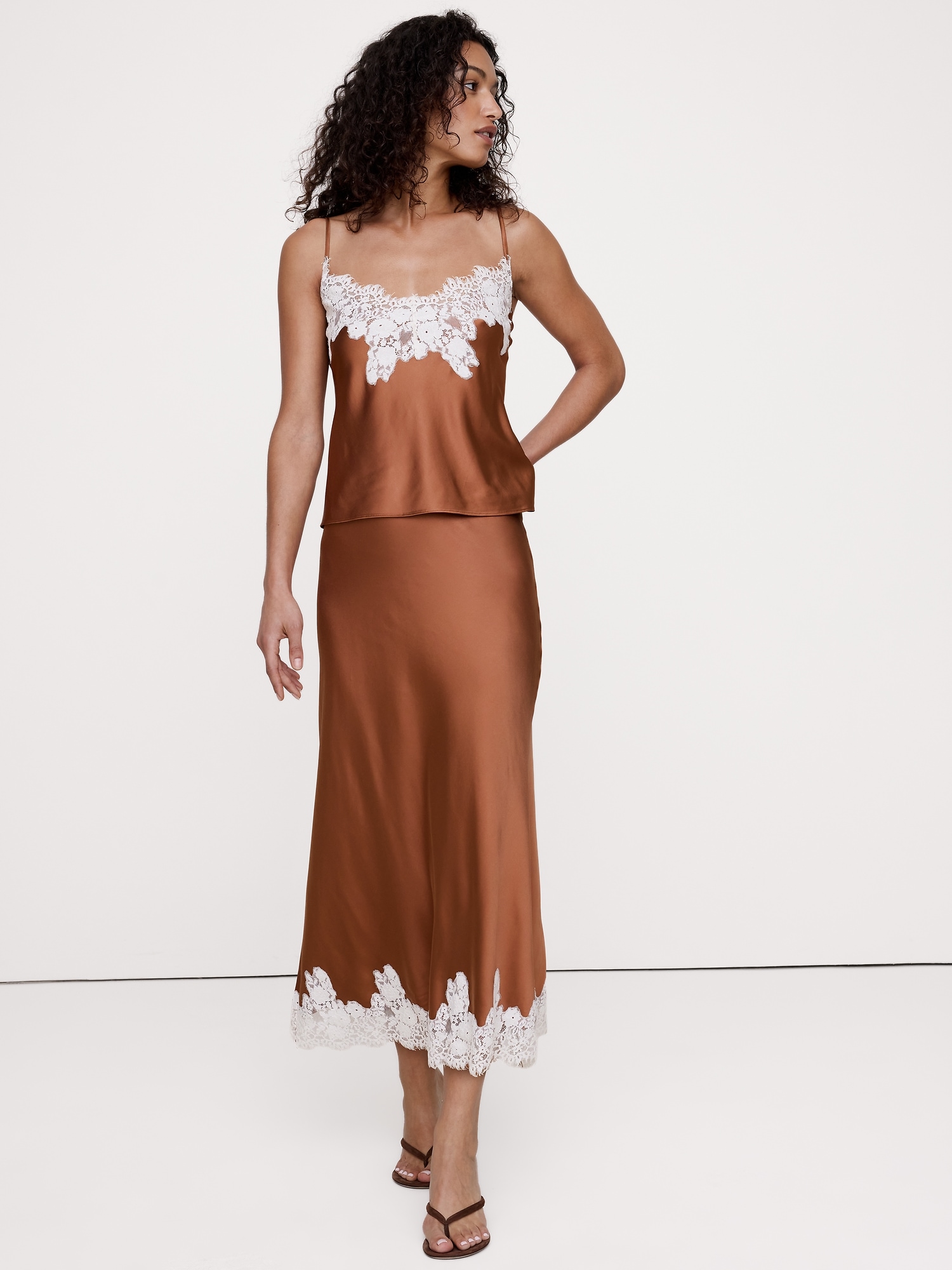 Image number 1 showing, Stretch-Satin Lace Trim Midi Skirt