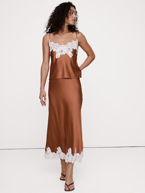 Stretch-Satin Lace Trim Midi Skirt