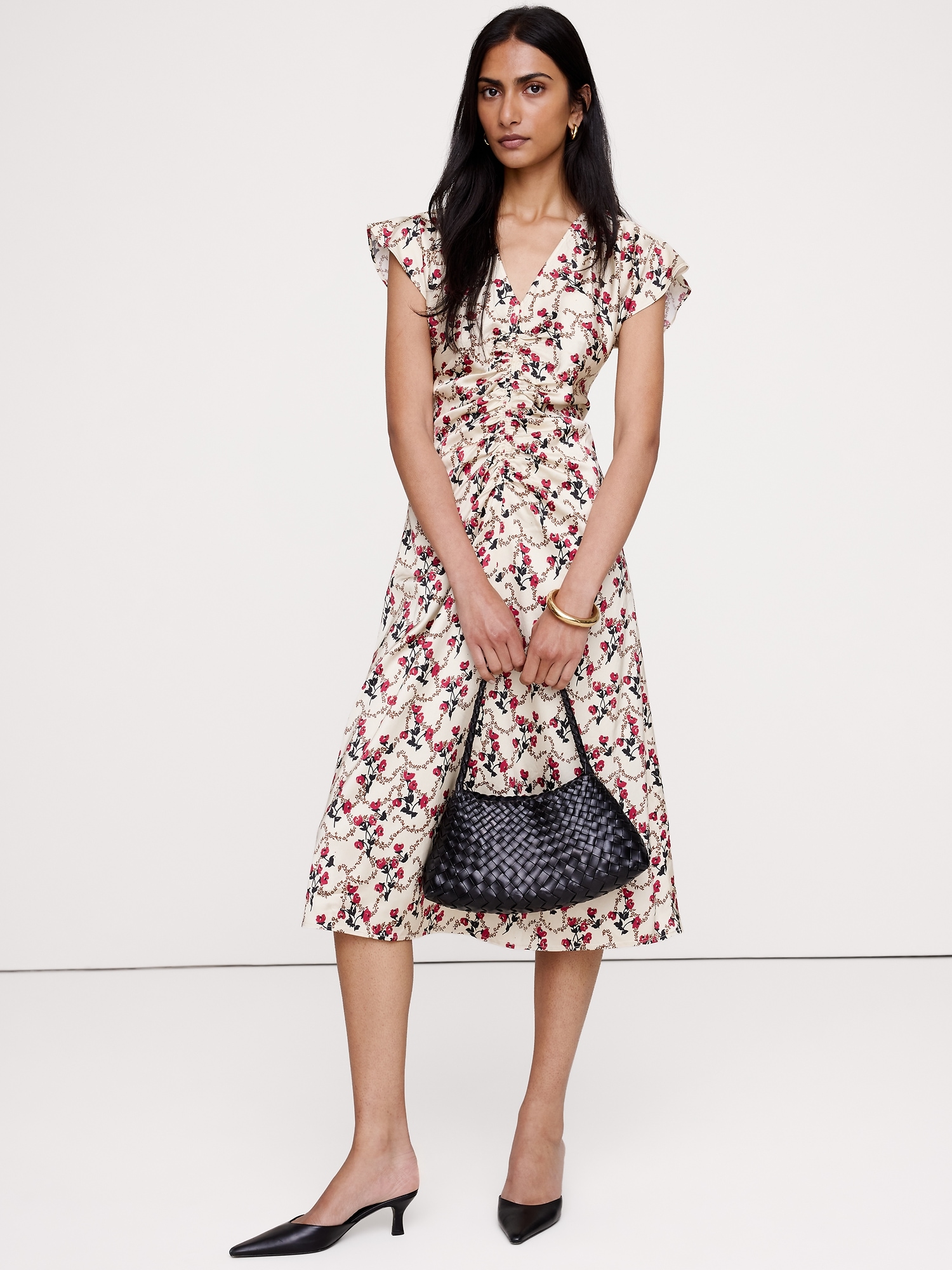 Image number 1 showing, Stretch-Satin Flutter-Sleeve Midi Dress