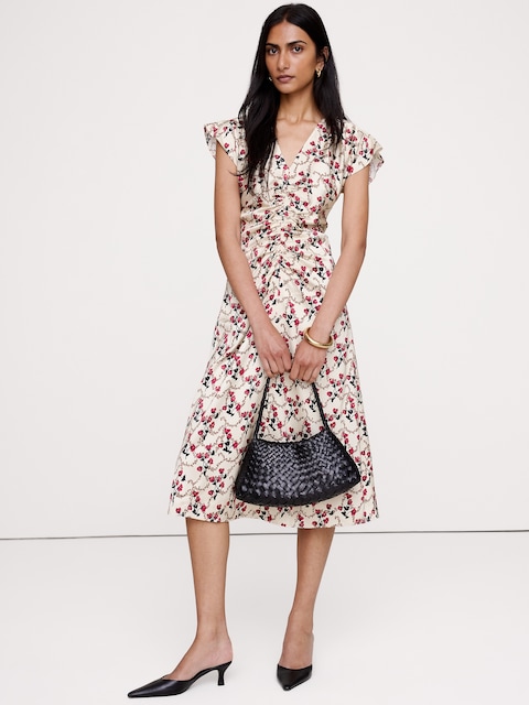 Stretch-Satin Flutter-Sleeve Midi Dress