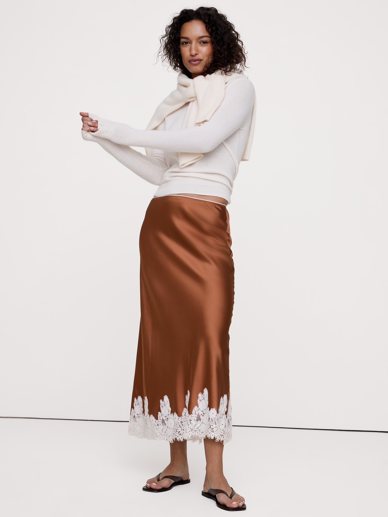 Image number 2 showing, Stretch-Satin Lace Trim Midi Skirt