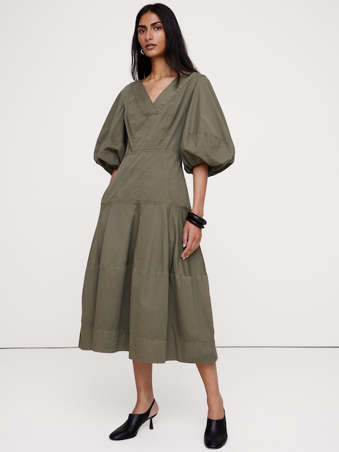 Cotton Twill Barrel Midi Dress