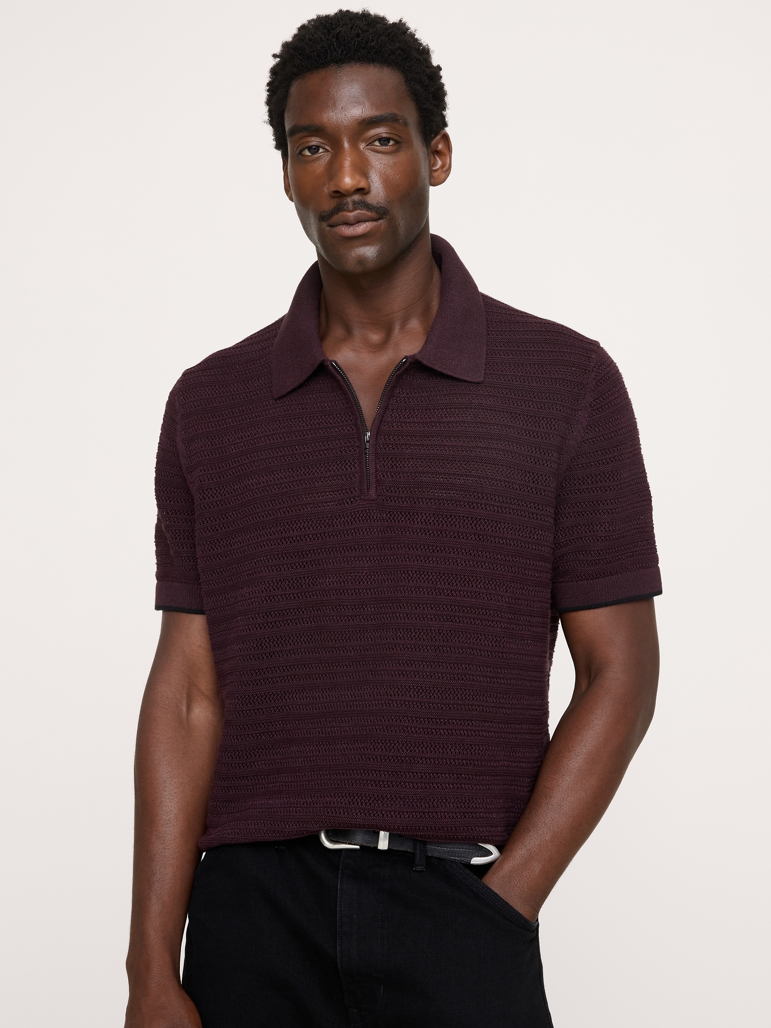 Image number 1 showing, Cotton-Linen Mesh Zip Polo