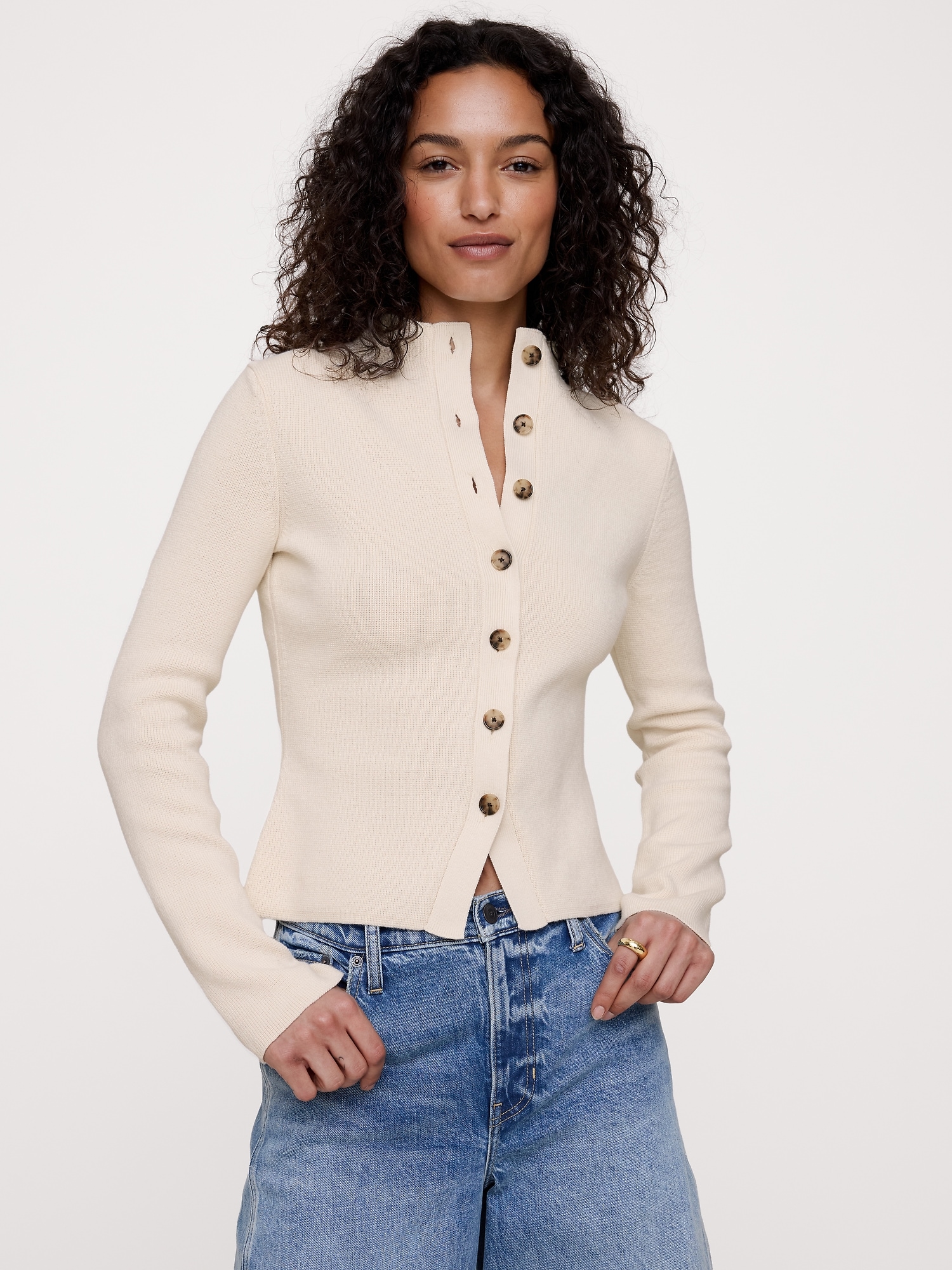 Larkspur Cotton-Silk Mock-Neck Cardigan - thumbnail 5