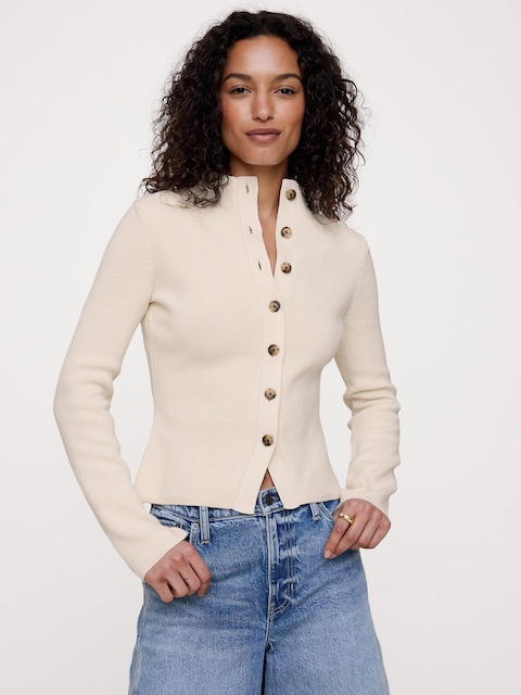 Larkspur Cotton-Silk Mock-Neck Cardigan - Alabaster Off