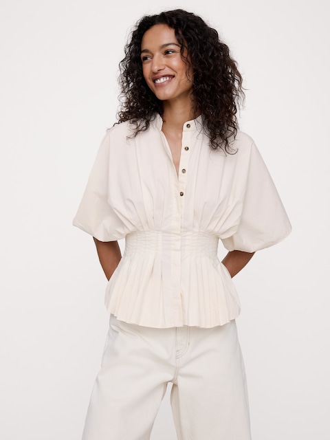 Cotton Poplin Pleated-Waist Top