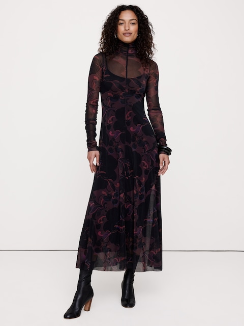 Mesh Long-Sleeve Maxi Dress