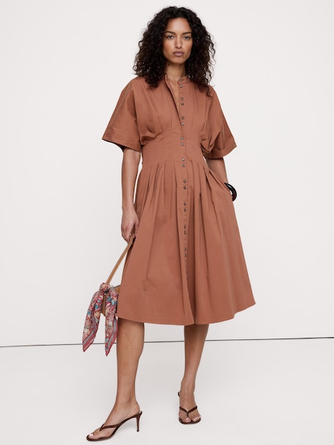 Stretch-Cotton Pleated Midi Shirt Dress