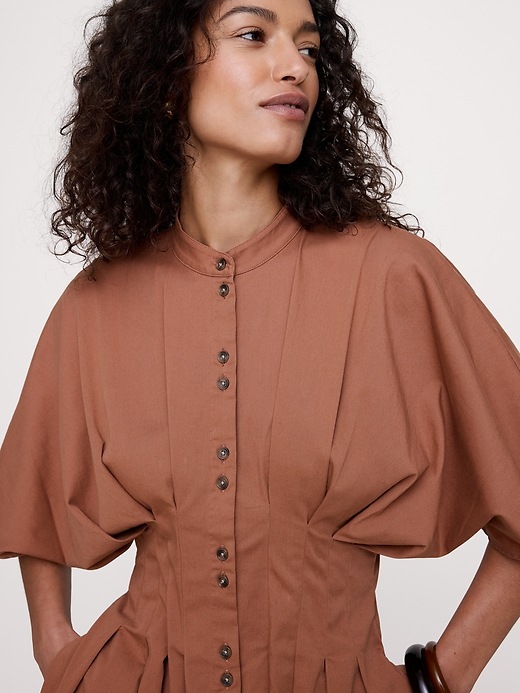 Image number 6 showing, Stretch-Cotton Pleated Midi Shirt Dress
