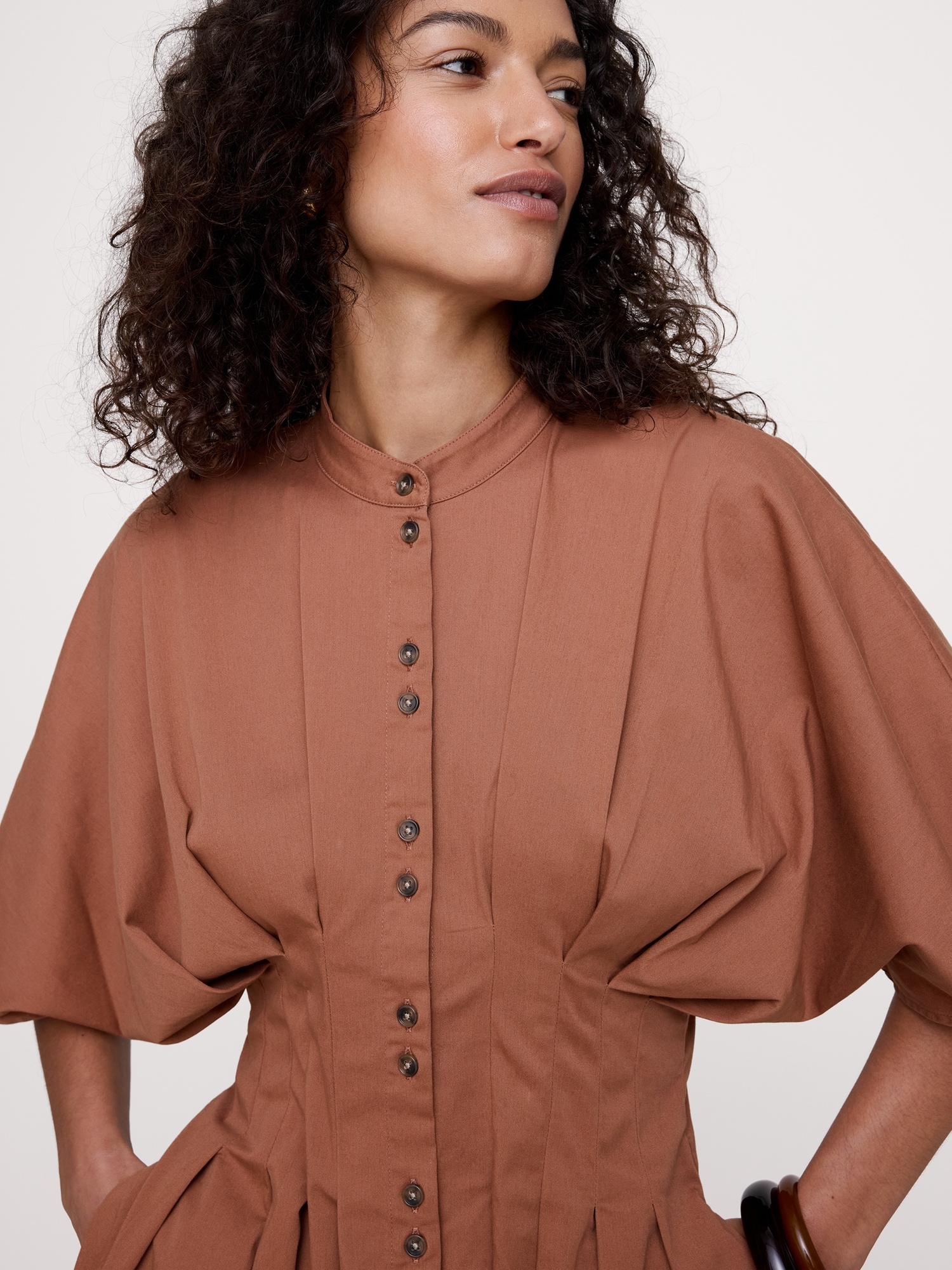 Image number 4 showing, Stretch-Cotton Pleated Midi Shirt Dress