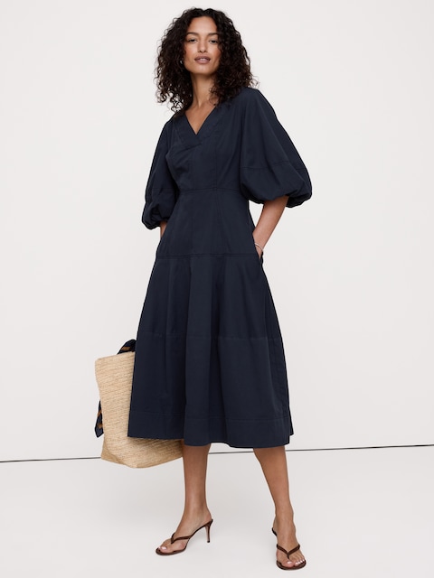 Cotton Twill Barrel Midi Dress