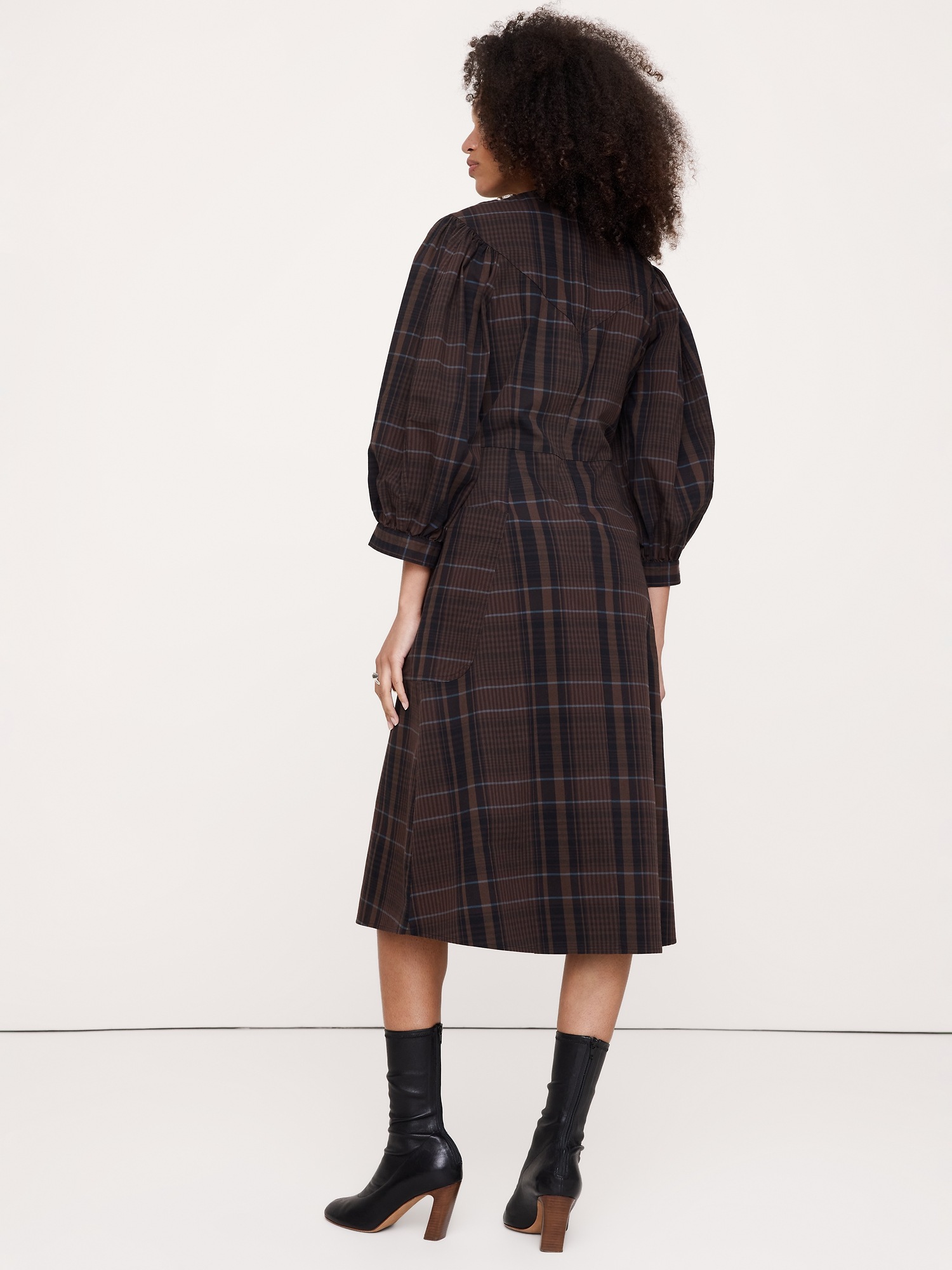 Женское платье Banana Republic Cotton Poplin Puff-Sleeve Midi, цвет: Коричневый клетчатый — фото 2
