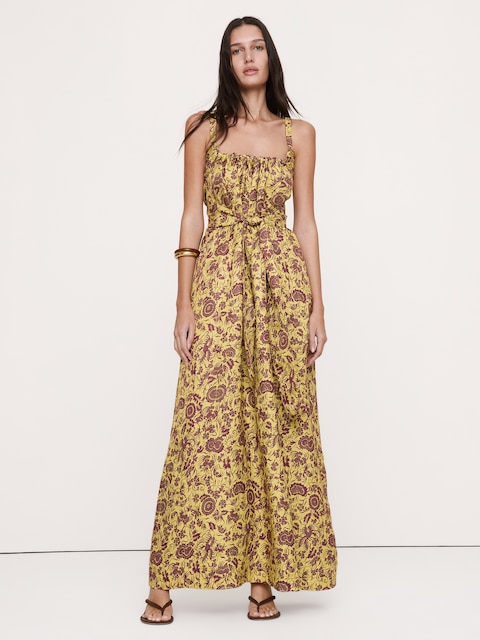 Viscose-Linen Gathered Maxi Dress