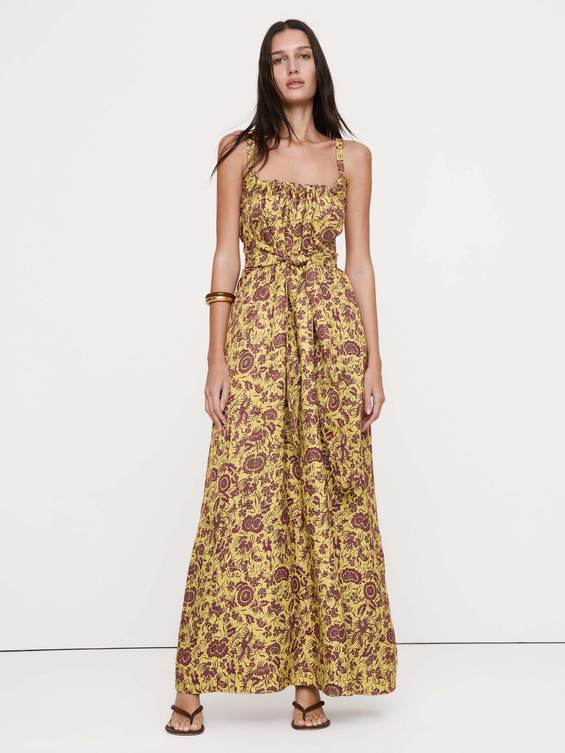 Viscose-Linen Gathered Maxi Dress