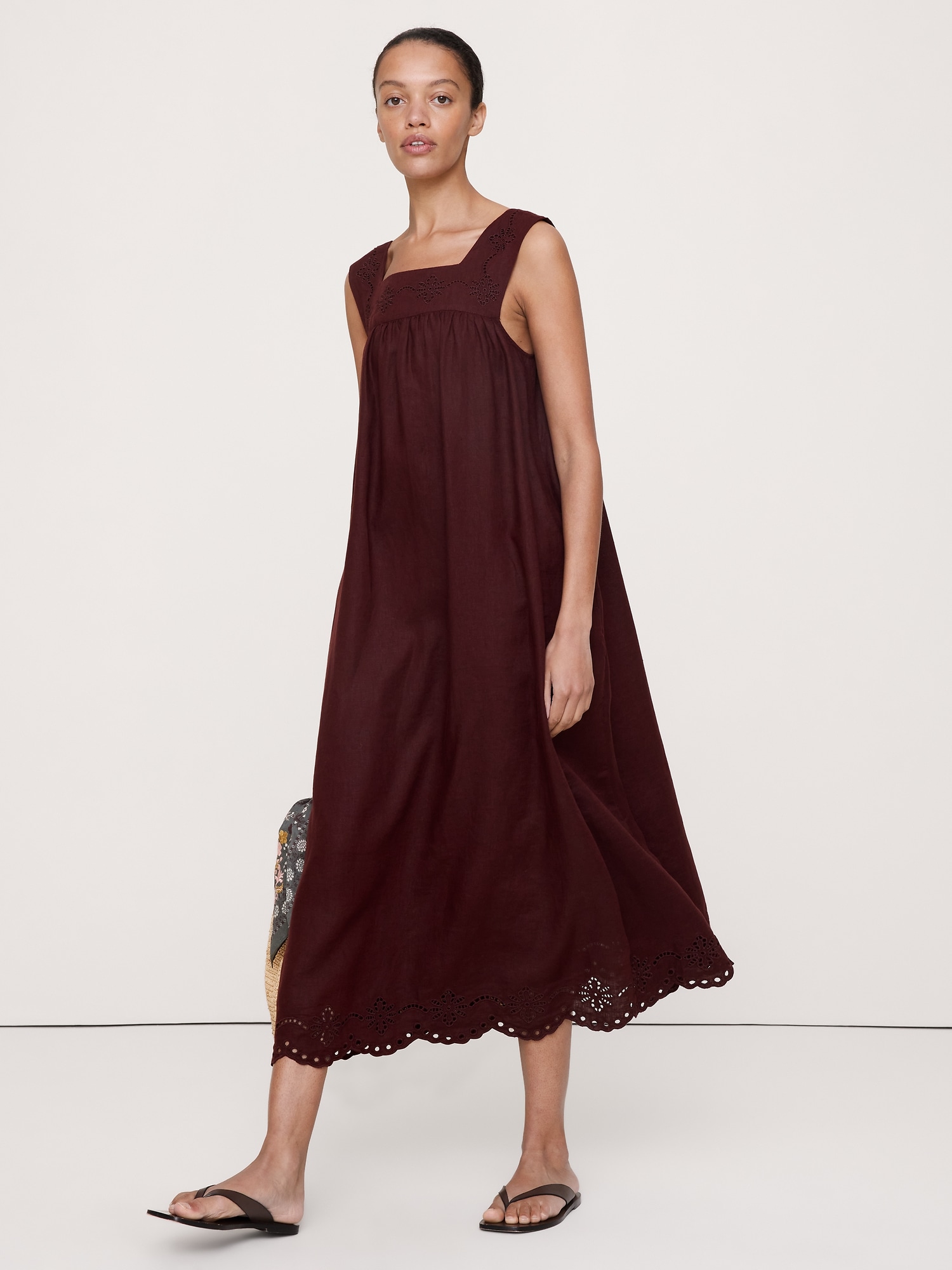 Image number 1 showing, Embroidered Linen Square-Neck Dress