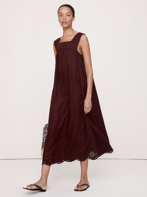 Embroidered Linen Square-Neck Dress - Radicchio Burgundy