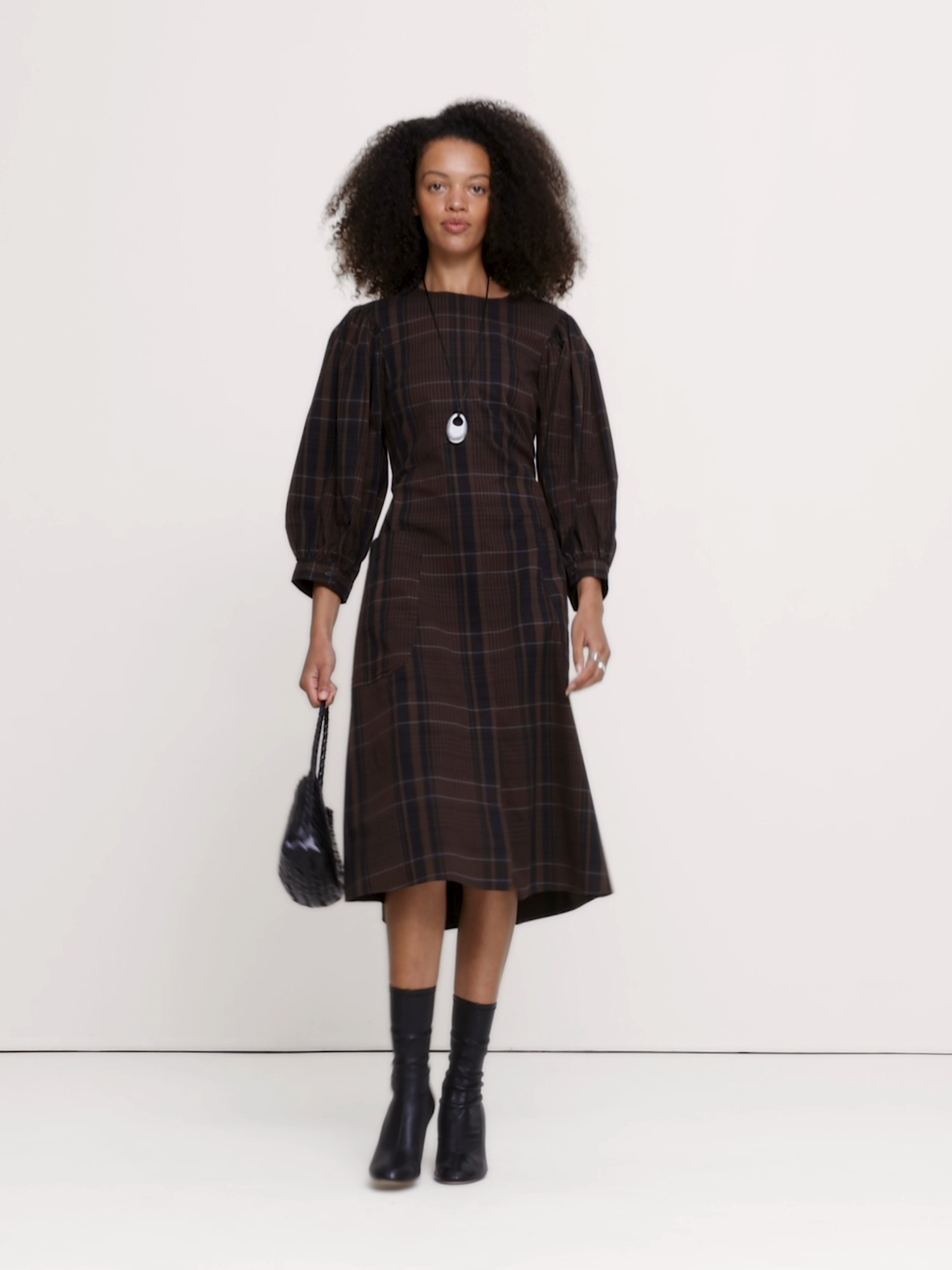 Женское платье Banana Republic Cotton Poplin Puff-Sleeve Midi, цвет: Коричневый клетчатый — фото 5