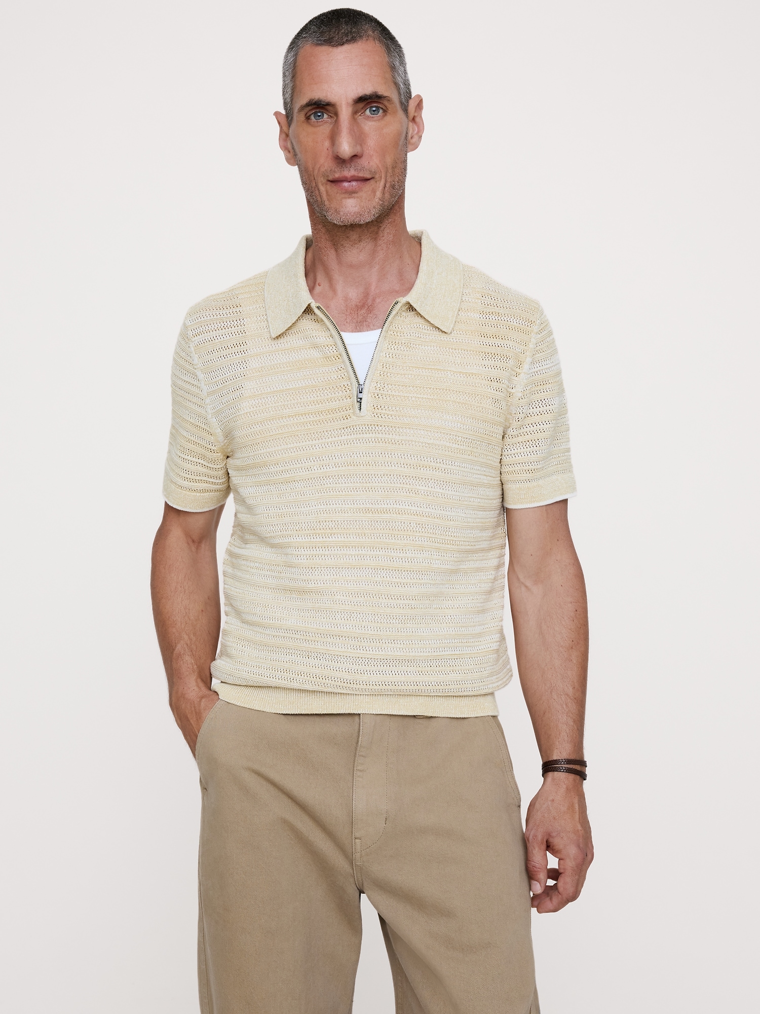 Image number 1 showing, Cotton-Linen Mesh Zip Polo