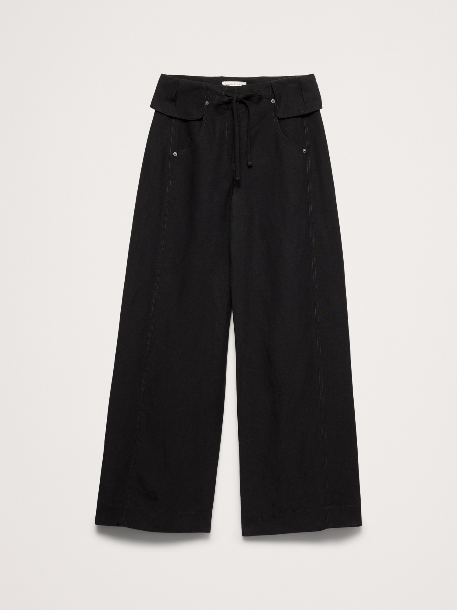Женские брюки Banana Republic Wide-Leg TENCEL™-Linen Pant with Foldover Waistband, цвет: Чёрный — фото 4