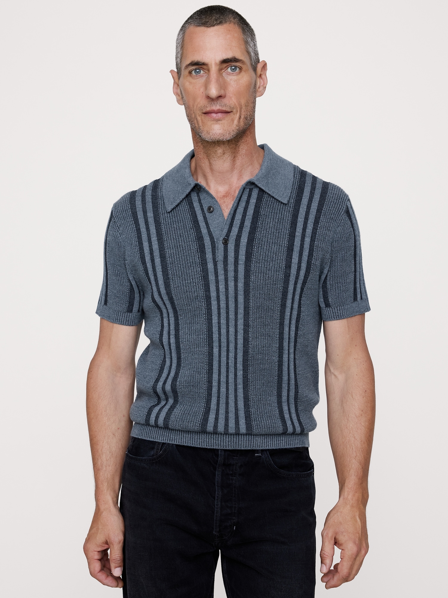 Image number 1 showing, Merino-Cotton Texture Stripe Sweater Polo