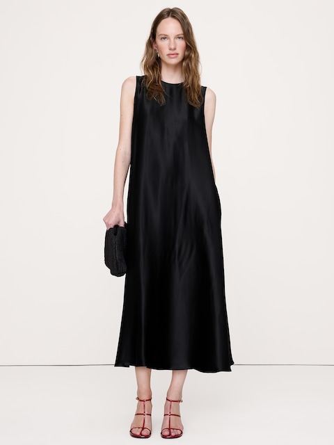 Italian Satin Sleeveless Trapeze Dress