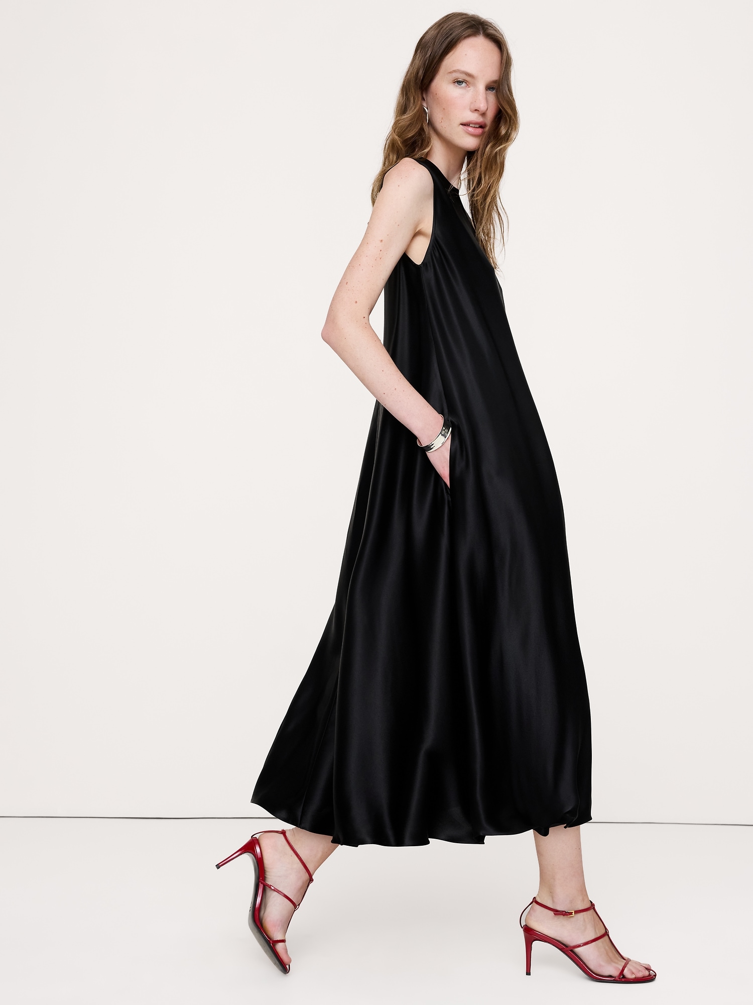 Image number 3 showing, Italian Satin Sleeveless Trapeze Dress