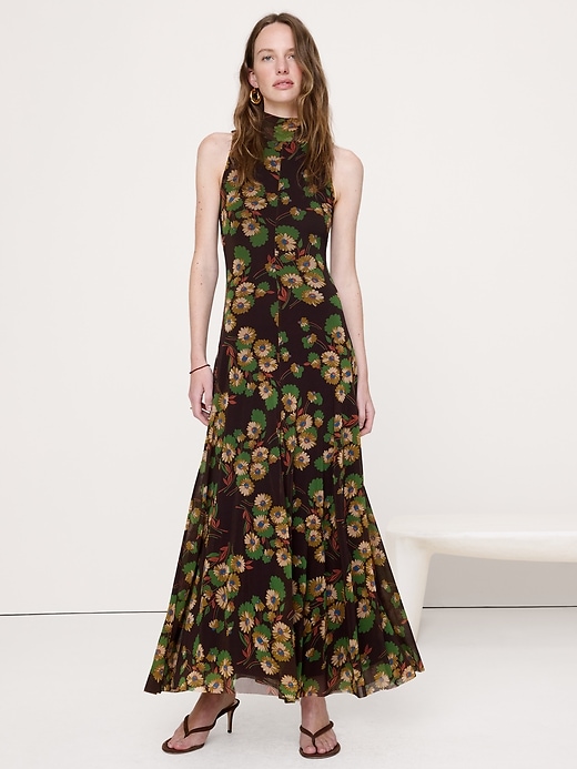 banana republic mesh long-sleeve maxi dress black floral botanical 817722022 Women's Tie-Neck Brown Petite Size XXS and waist with a