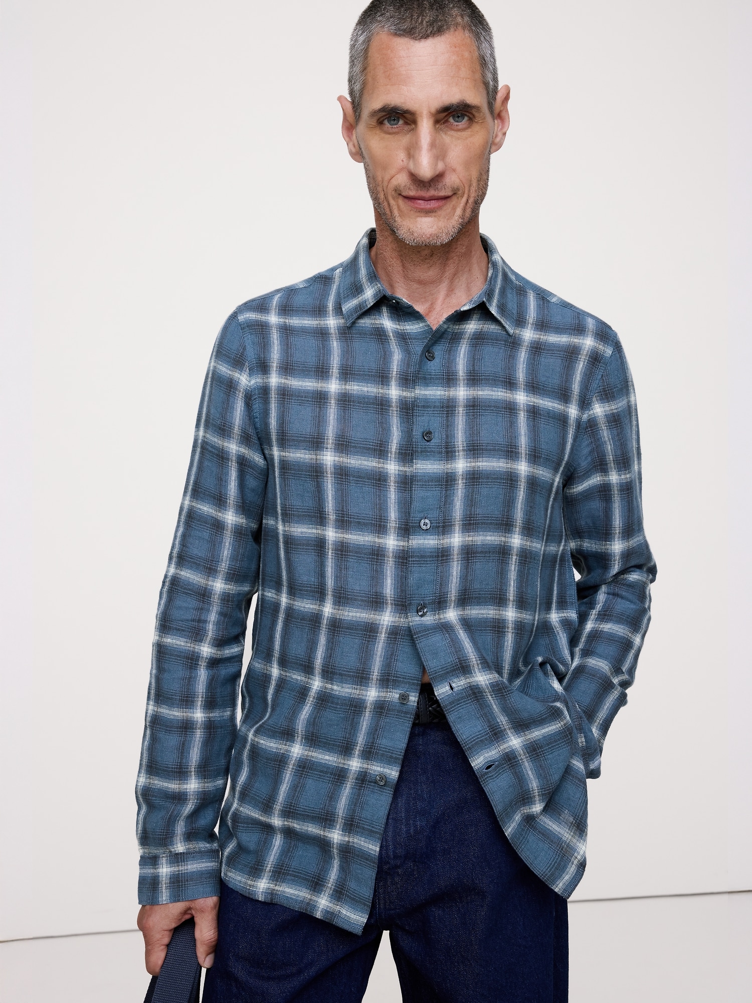 Standard-Fit Plaid Linen-Cotton Shirt