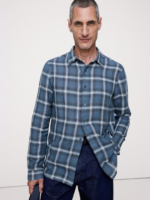 Standard-Fit Plaid Linen-Cotton Shirt