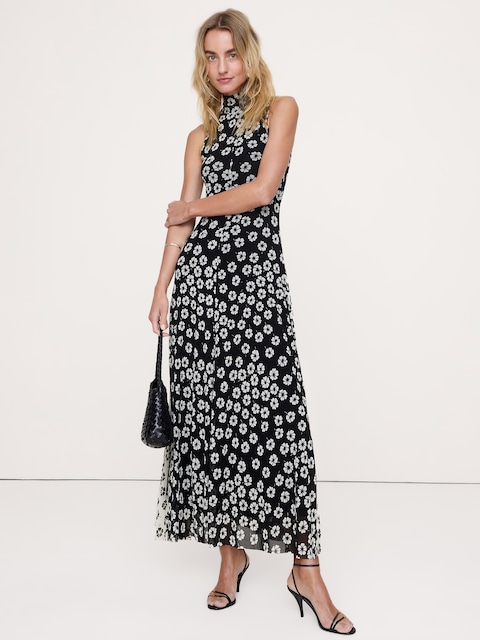 Mesh Tie-Neck Maxi Dress