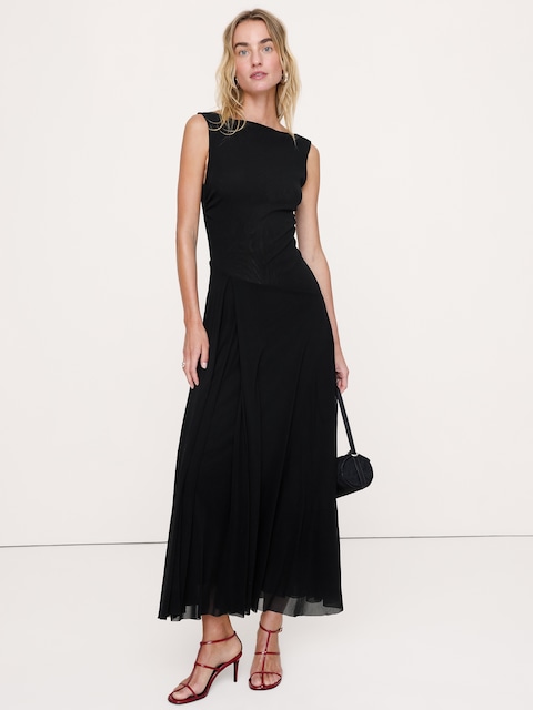 Mesh Boat-Neck Maxi Dress
