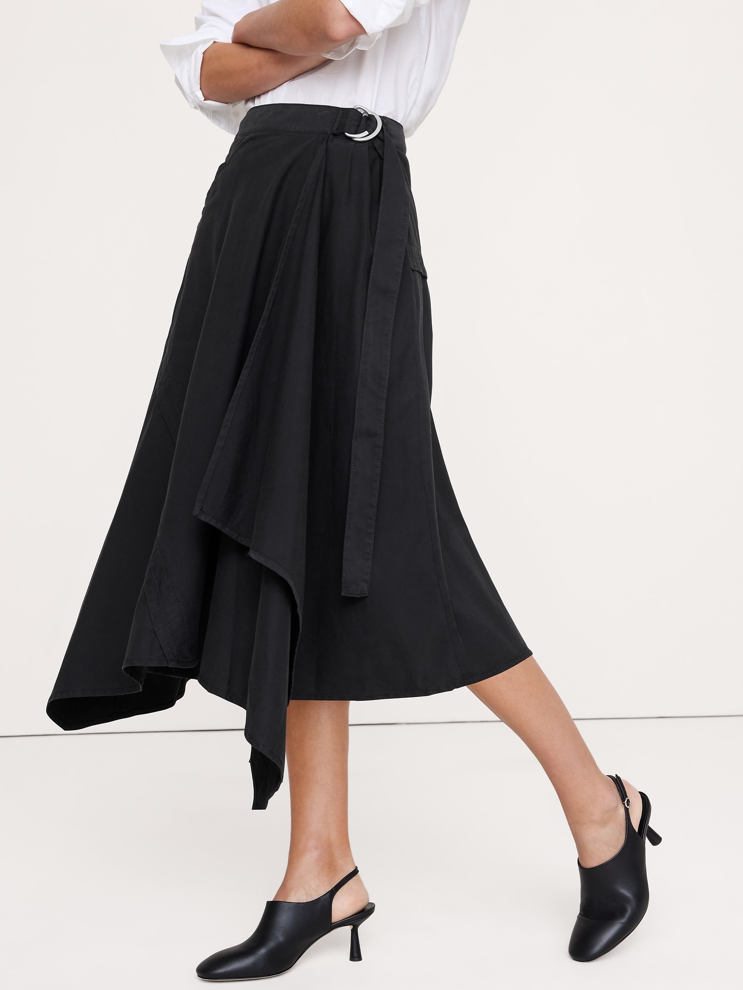 Cotton Twill Asymmetrical Wrap Midi Skirt - thumbnail 3
