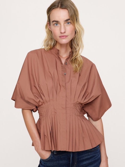 Cotton Poplin Pleated-Waist Top