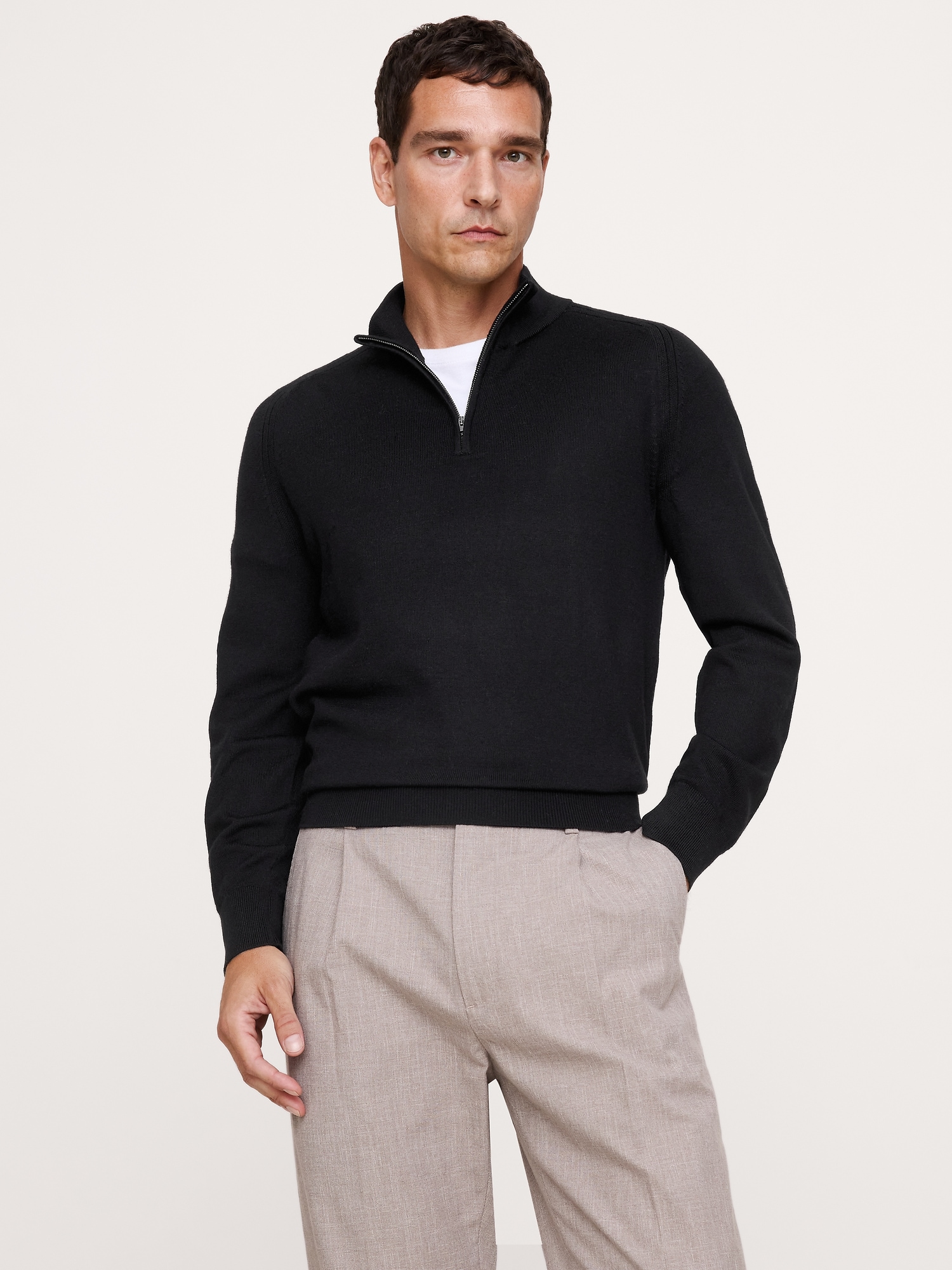 Мужской свитер Banana Republic Merino Half-Zip, цвет: Чёрный