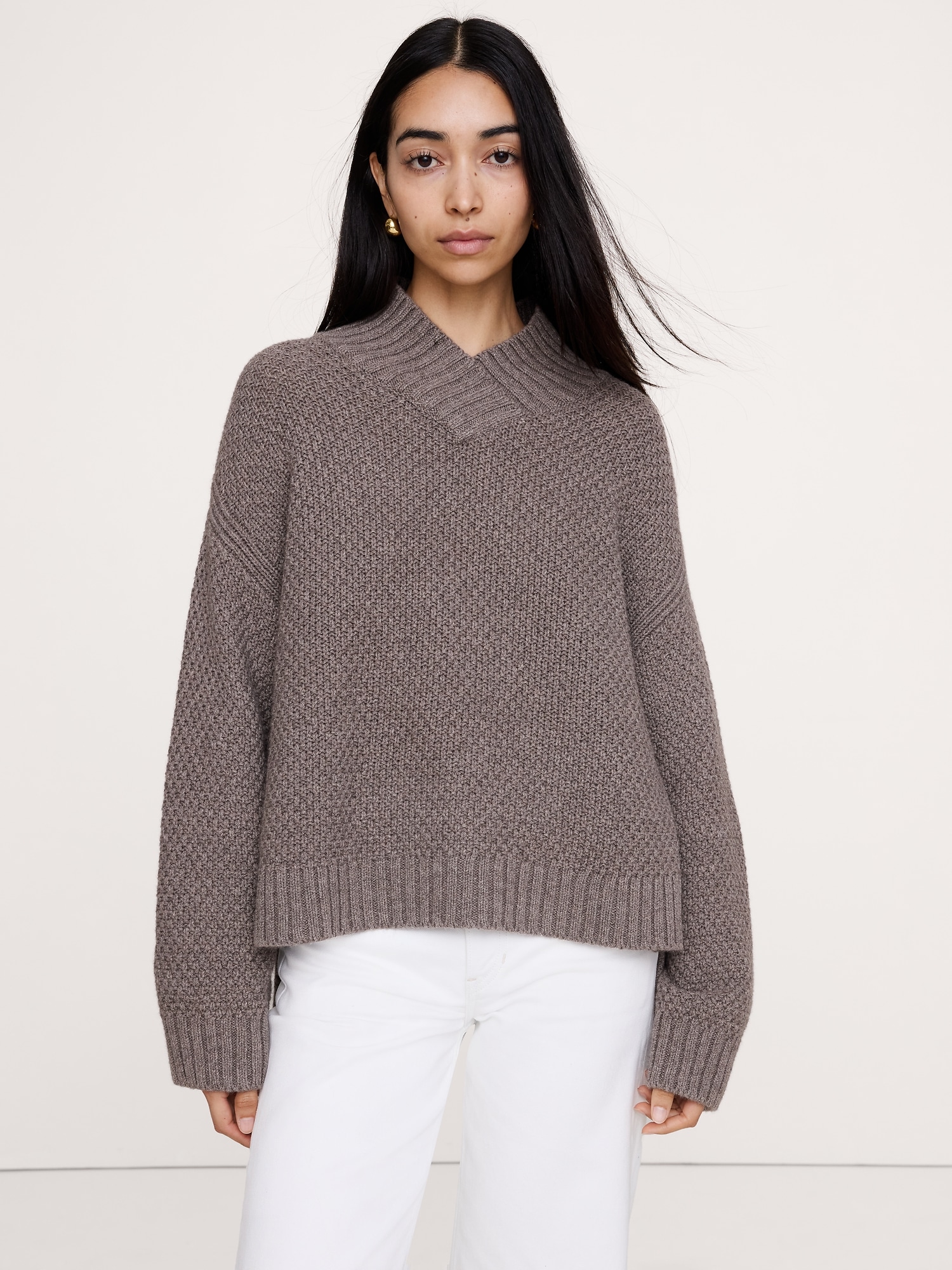 Oversized Merino-Cotton High V-Neck Sweater