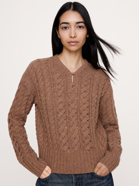 Merino-Yak Buttoned Cable-Knit Sweater