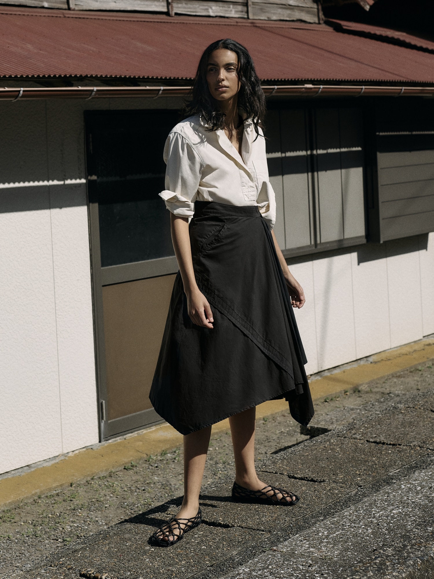 Cotton Twill Asymmetrical Wrap Midi Skirt - thumbnail 4