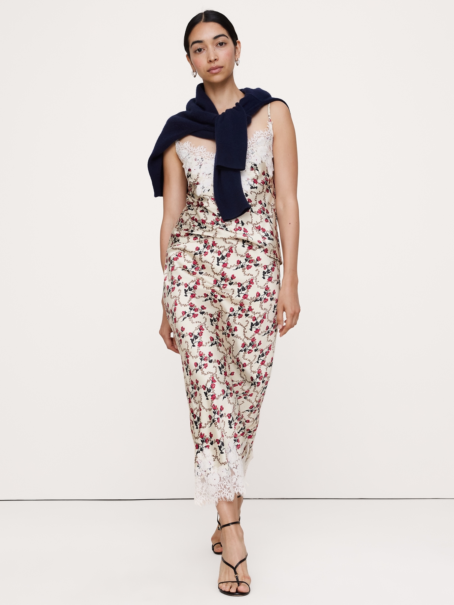 Image number 1 showing, Stretch-Satin Lace Trim Midi Skirt