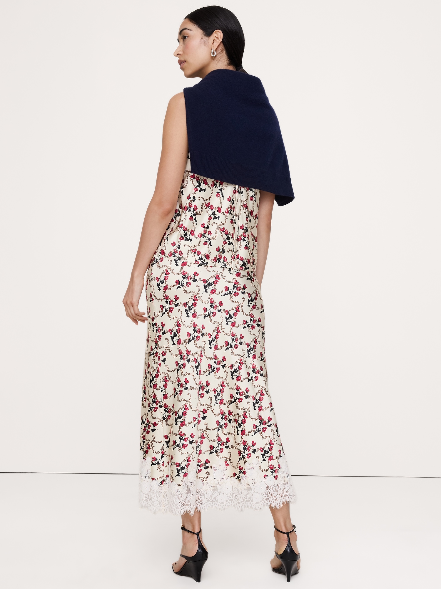 Image number 4 showing, Stretch-Satin Lace Trim Midi Skirt