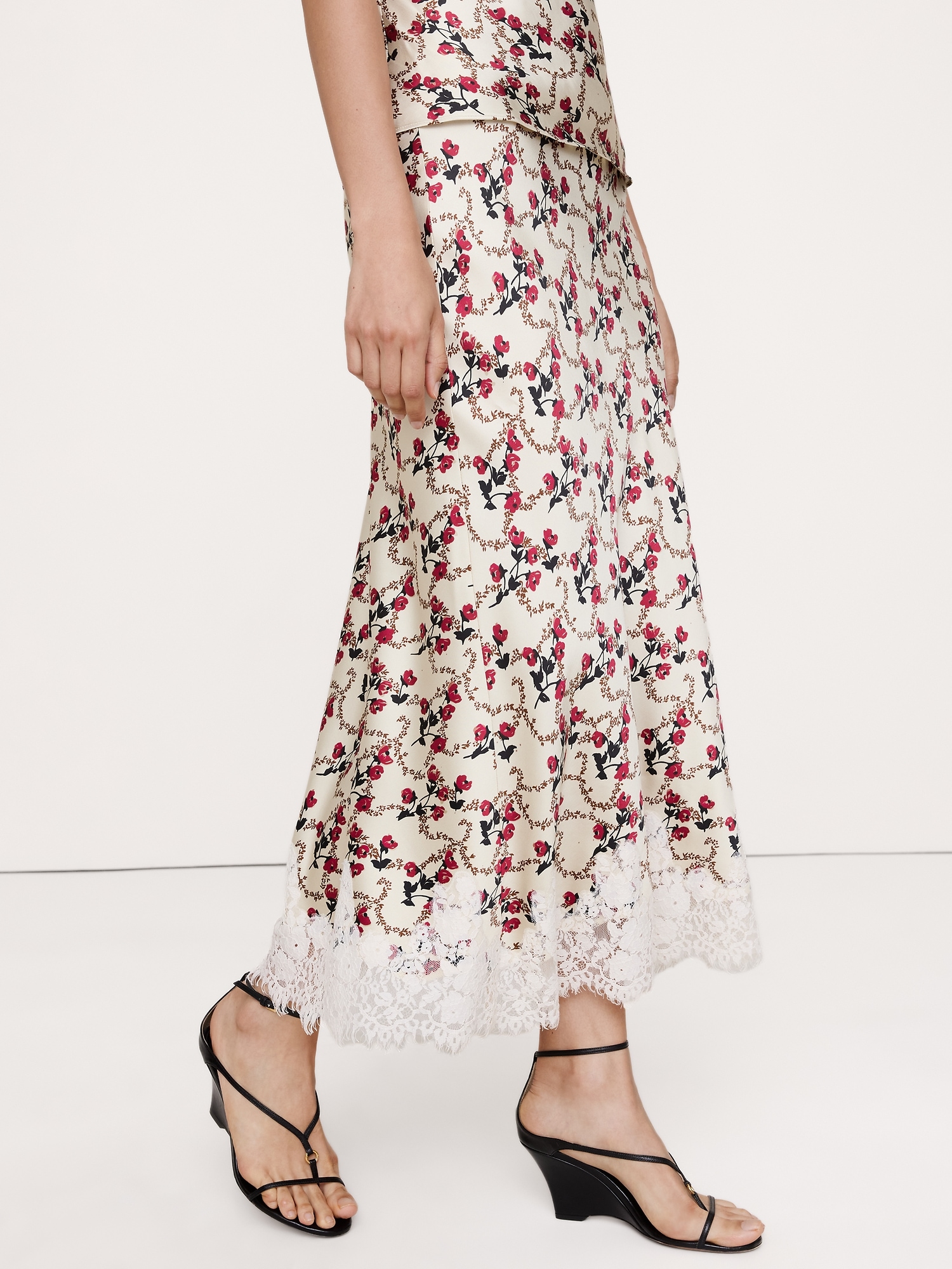 Image number 5 showing, Stretch-Satin Lace Trim Midi Skirt