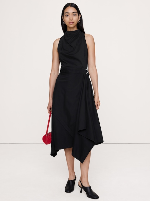 Stretch-Cotton Cowl-Neck Midi Dress